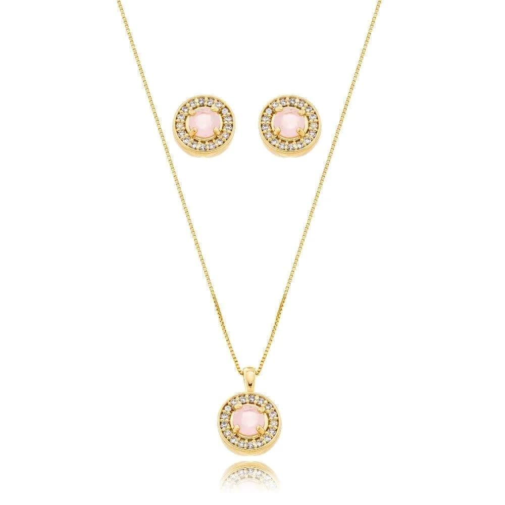 Conjunto Colar + Brinco Lorena Prisma Quartzo Rosa - imagem 1