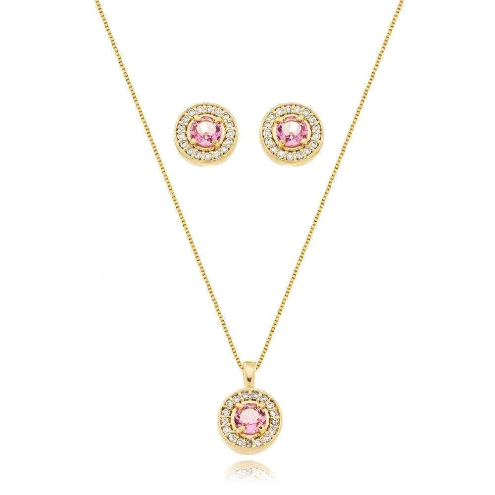 Conjunto Colar + Brinco Lorena Prisma Safira Rosa - imagem 1